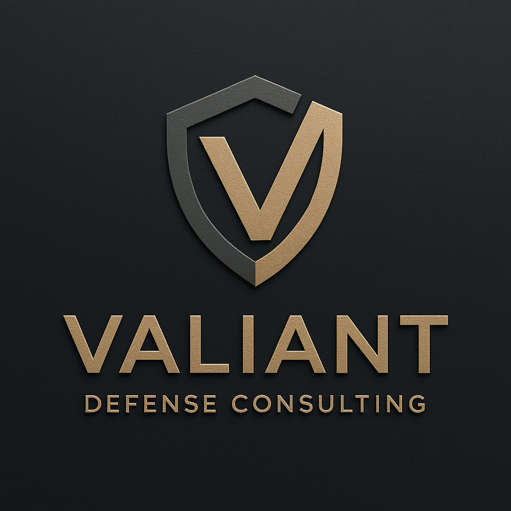 Valiant Defense Consulting shield and wordmark